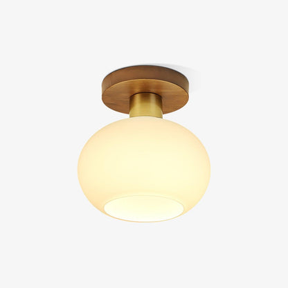 Flush Mount Globe Light with Walnut Base and Copper Accents for Bedroom, Entryway, or Low Ceilings – E27 Socket, Opal White Glass Shade