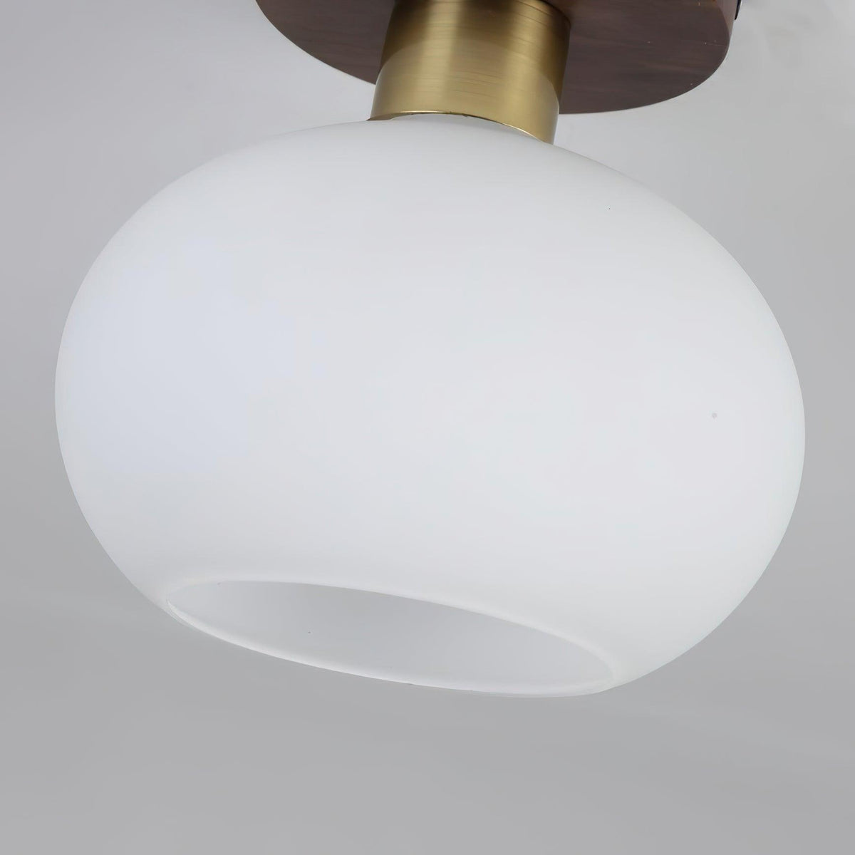 Flush Mount Globe Light with Walnut Base and Copper Accents for Bedroom, Entryway, or Low Ceilings – E27 Socket, Opal White Glass Shade