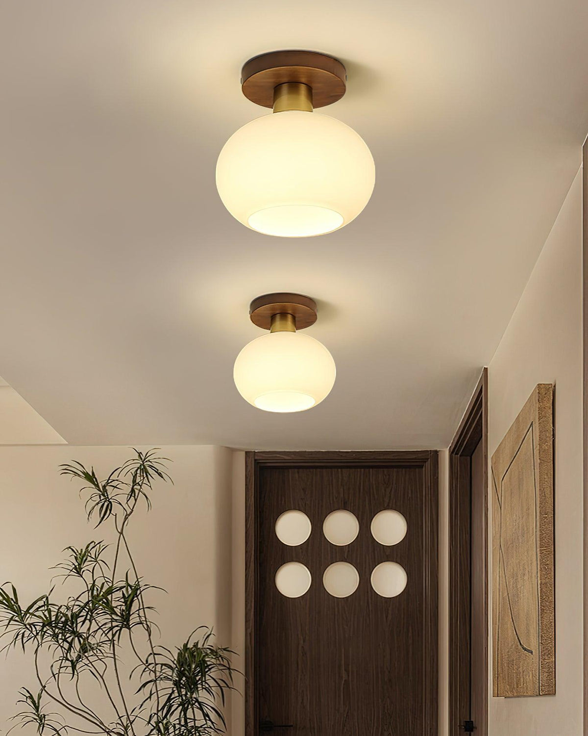 Flush Mount Globe Light with Walnut Base and Copper Accents for Bedroom, Entryway, or Low Ceilings – E27 Socket, Opal White Glass Shade