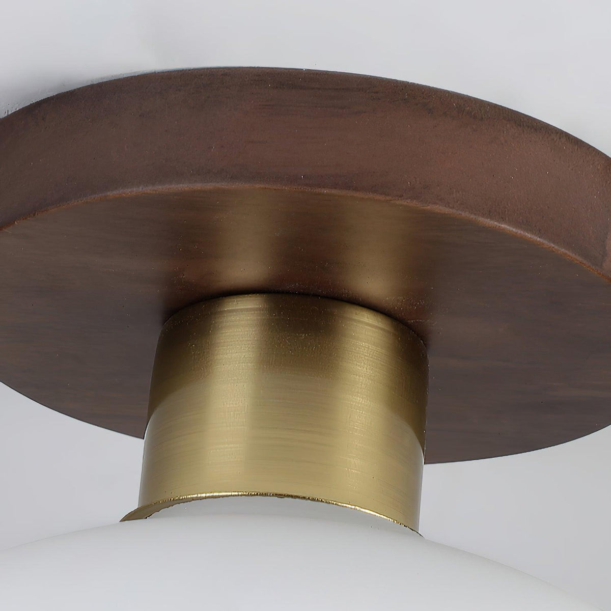 Flush Mount Globe Light with Walnut Base and Copper Accents for Bedroom, Entryway, or Low Ceilings – E27 Socket, Opal White Glass Shade