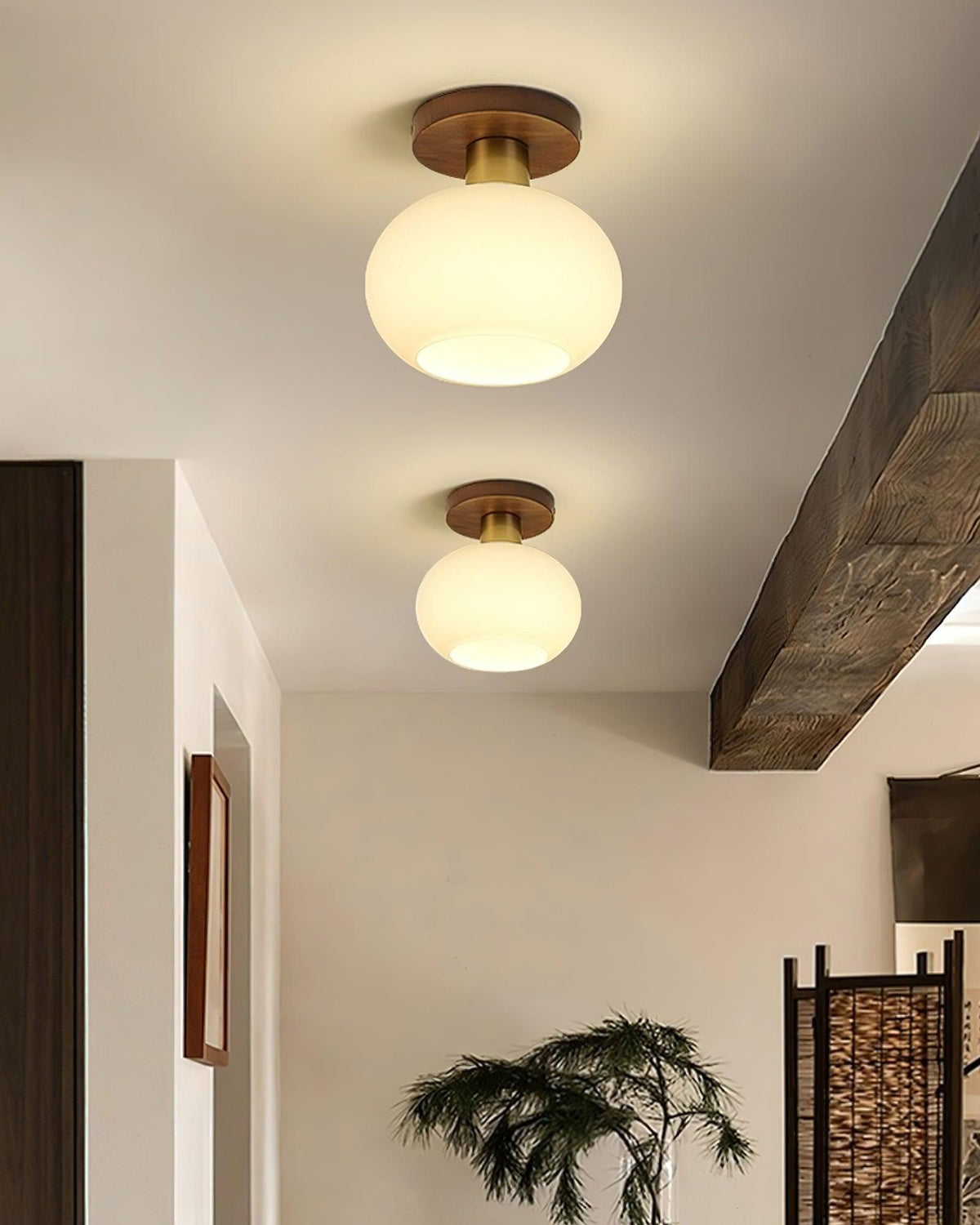 Flush Mount Globe Light with Walnut Base and Copper Accents for Bedroom, Entryway, or Low Ceilings – E27 Socket, Opal White Glass Shade