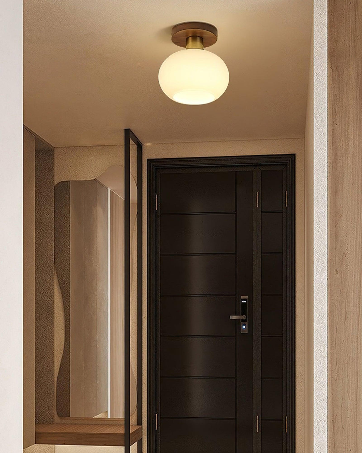 Flush Mount Globe Light with Walnut Base and Copper Accents for Bedroom, Entryway, or Low Ceilings – E27 Socket, Opal White Glass Shade