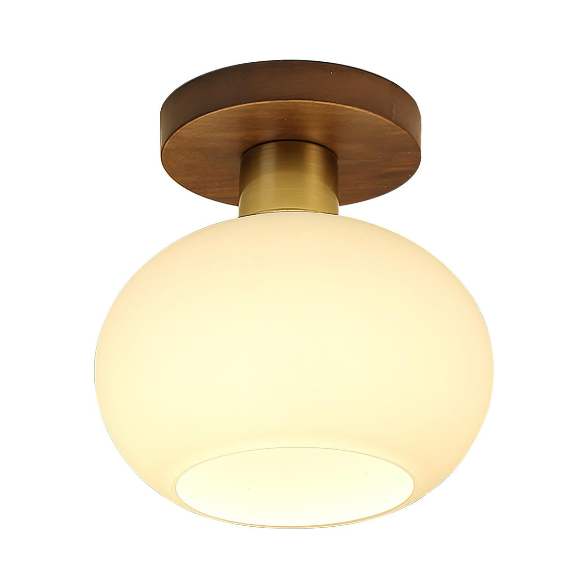 Flush Mount Globe Light with Walnut Base and Copper Accents for Bedroom, Entryway, or Low Ceilings – E27 Socket, Opal White Glass Shade