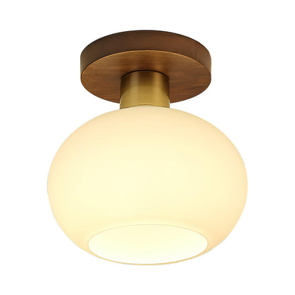 Flush Mount Globe Light with Walnut Base and Copper Accents for Bedroom, Entryway, or Low Ceilings – E27 Socket, Opal White Glass Shade