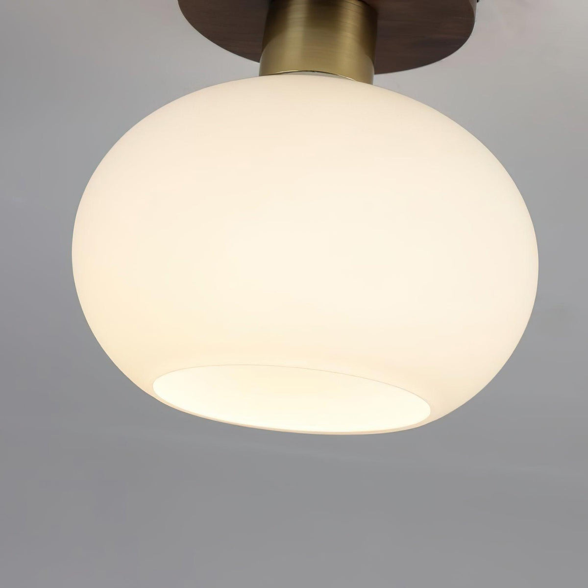 Flush Mount Globe Light with Walnut Base and Copper Accents for Bedroom, Entryway, or Low Ceilings – E27 Socket, Opal White Glass Shade
