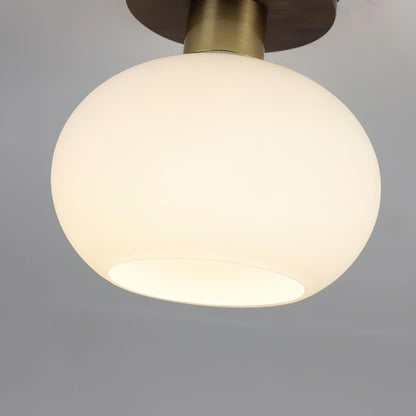Flush Mount Globe Light with Walnut Base and Copper Accents for Bedroom, Entryway, or Low Ceilings – E27 Socket, Opal White Glass Shade