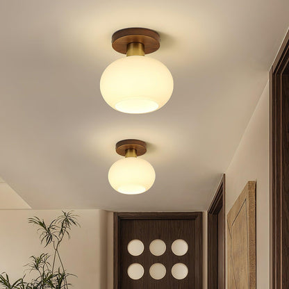 Flush Mount Globe Light with Walnut Base and Copper Accents for Bedroom, Entryway, or Low Ceilings – E27 Socket, Opal White Glass Shade