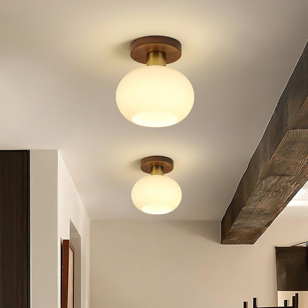Flush Mount Globe Light with Walnut Base and Copper Accents for Bedroom, Entryway, or Low Ceilings – E27 Socket, Opal White Glass Shade