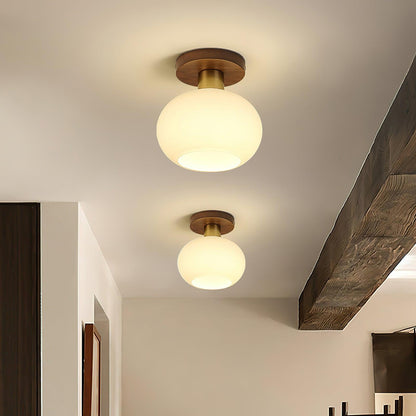 Flush Mount Globe Light with Walnut Base and Copper Accents for Bedroom, Entryway, or Low Ceilings – E27 Socket, Opal White Glass Shade