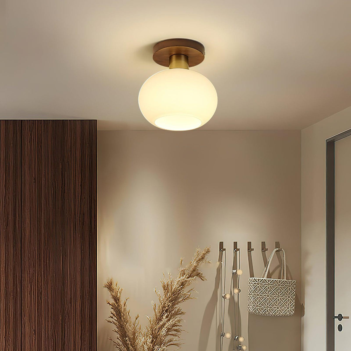 Flush Mount Globe Light with Walnut Base and Copper Accents for Bedroom, Entryway, or Low Ceilings – E27 Socket, Opal White Glass Shade