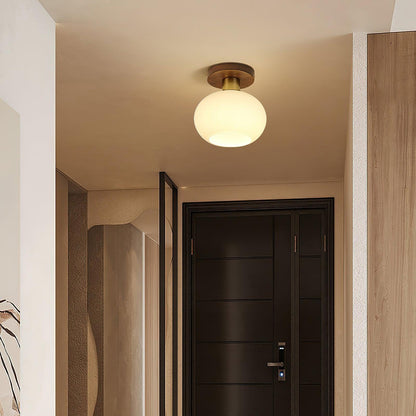 Flush Mount Globe Light with Walnut Base and Copper Accents for Bedroom, Entryway, or Low Ceilings – E27 Socket, Opal White Glass Shade