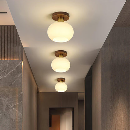 Flush Mount Globe Light with Walnut Base and Copper Accents for Bedroom, Entryway, or Low Ceilings – E27 Socket, Opal White Glass Shade