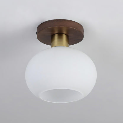 Flush Mount Globe Light with Walnut Base and Copper Accents for Bedroom, Entryway, or Low Ceilings – E27 Socket, Opal White Glass Shade