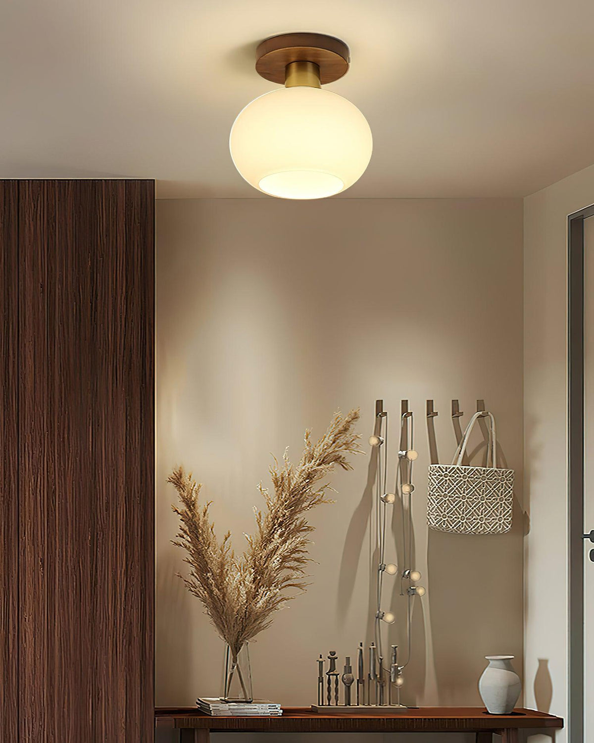 Flush Mount Globe Light with Walnut Base and Copper Accents for Bedroom, Entryway, or Low Ceilings – E27 Socket, Opal White Glass Shade