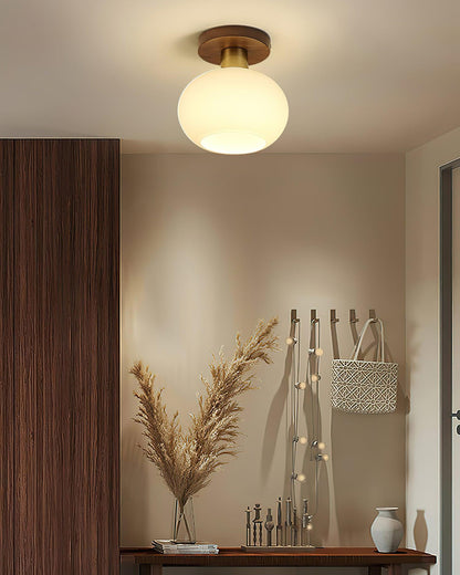 Flush Mount Globe Light with Walnut Base and Copper Accents for Bedroom, Entryway, or Low Ceilings – E27 Socket, Opal White Glass Shade