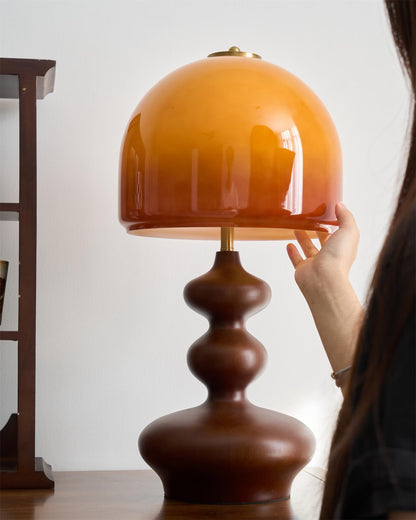 Wooden Desk Lamp with Amber Glass Shade 10 in × 20 in for Nightstand Bedroom Office Cozy Reading Light