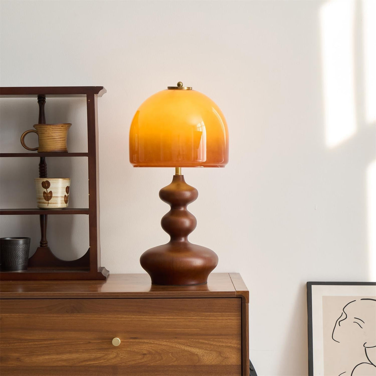 Wooden Desk Lamp with Amber Glass Shade 10 in × 20 in for Nightstand Bedroom Office Cozy Reading Light