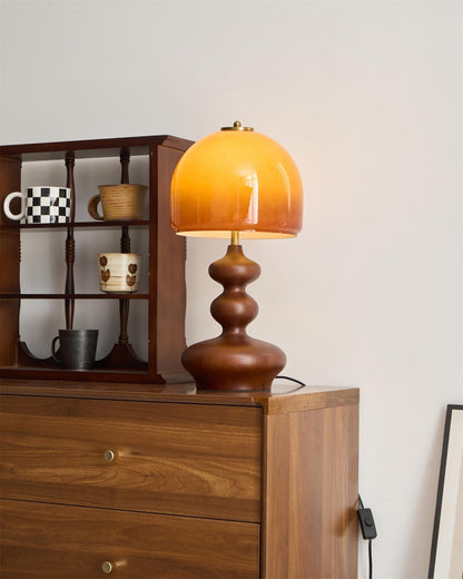 Wooden Desk Lamp with Amber Glass Shade 10 in × 20 in for Nightstand Bedroom Office Cozy Reading Light