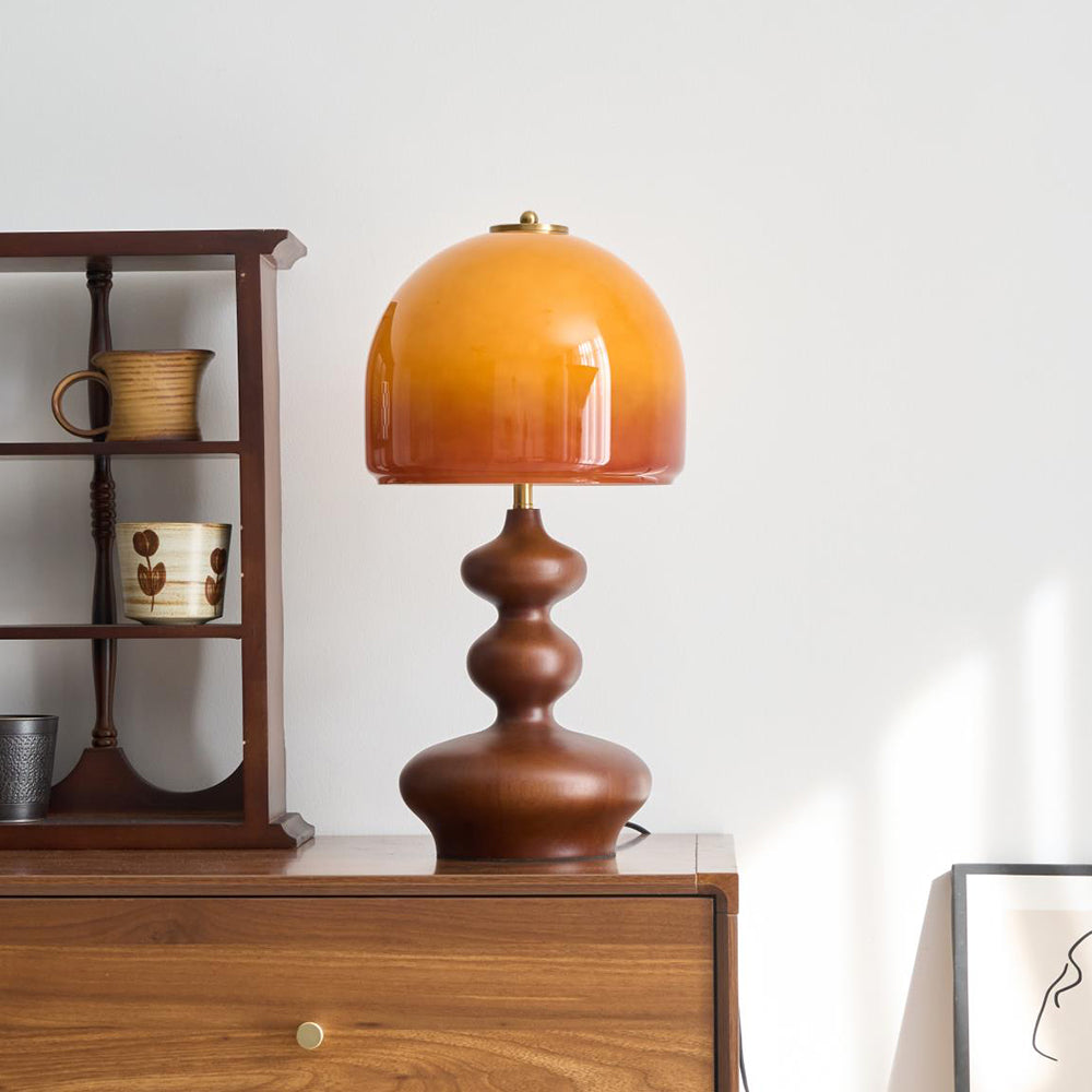 Wooden Desk Lamp with Amber Glass Shade 10 in × 20 in for Nightstand Bedroom Office Cozy Reading Light