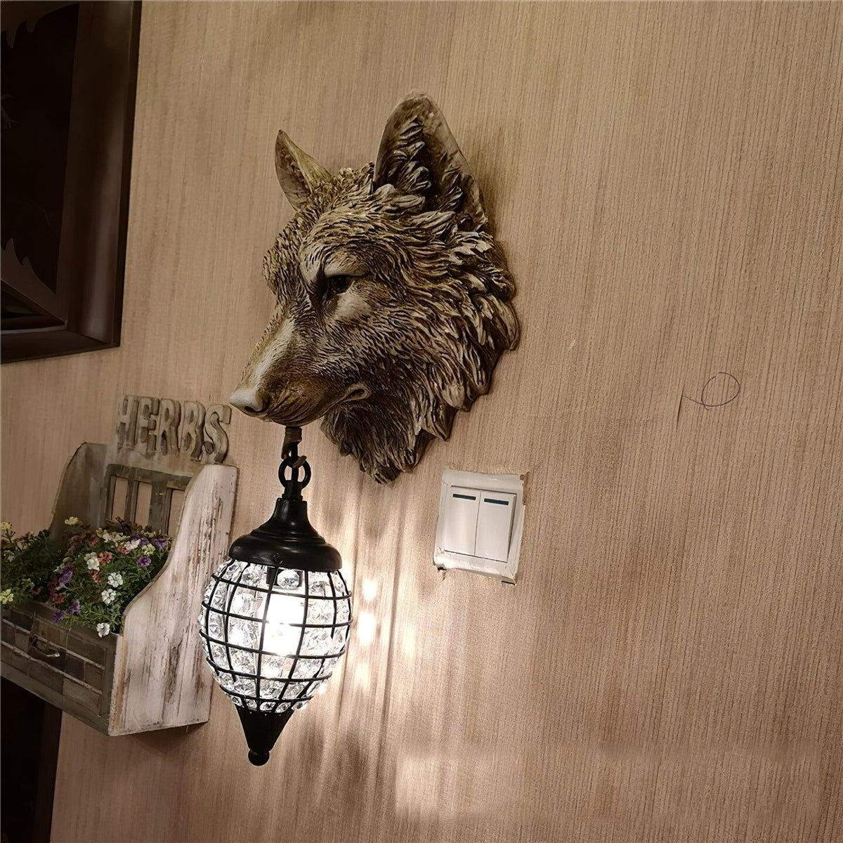 Sculptural Wolf Sconce with Crystal Accents 20.5 in Gold Gray Patina Iron Resin Fixture Entryway Living Room Hallway Decorative Wildlife Sta