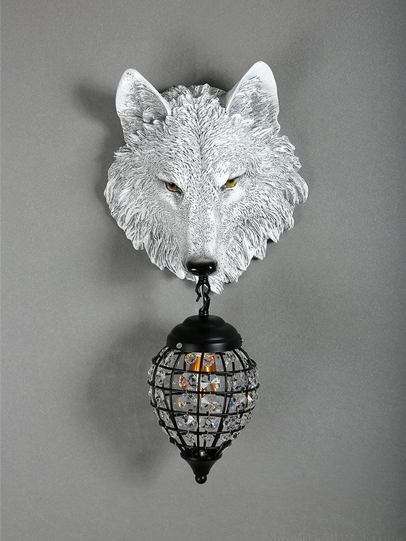Sculptural Wolf Sconce with Crystal Accents 20.5 in Gold Gray Patina Iron Resin Fixture Entryway Living Room Hallway Decorative Wildlife Sta