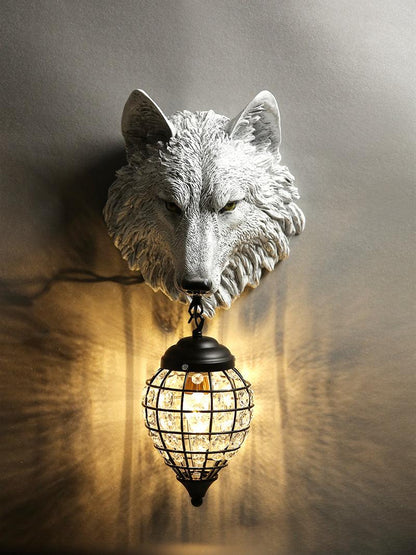 Sculptural Wolf Sconce with Crystal Accents 20.5 in Gold Gray Patina Iron Resin Fixture Entryway Living Room Hallway Decorative Wildlife Sta