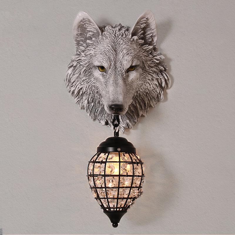 Sculptural Wolf Sconce with Crystal Accents 20.5 in Gold Gray Patina Iron Resin Fixture Entryway Living Room Hallway Decorative Wildlife Sta