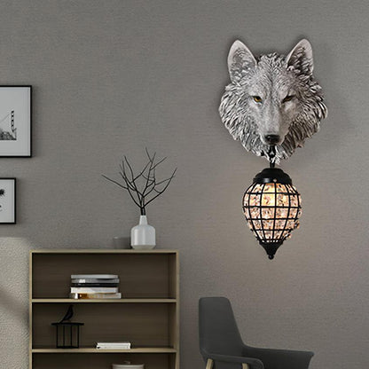 Sculptural Wolf Sconce with Crystal Accents 20.5 in Gold Gray Patina Iron Resin Fixture Entryway Living Room Hallway Decorative Wildlife Sta