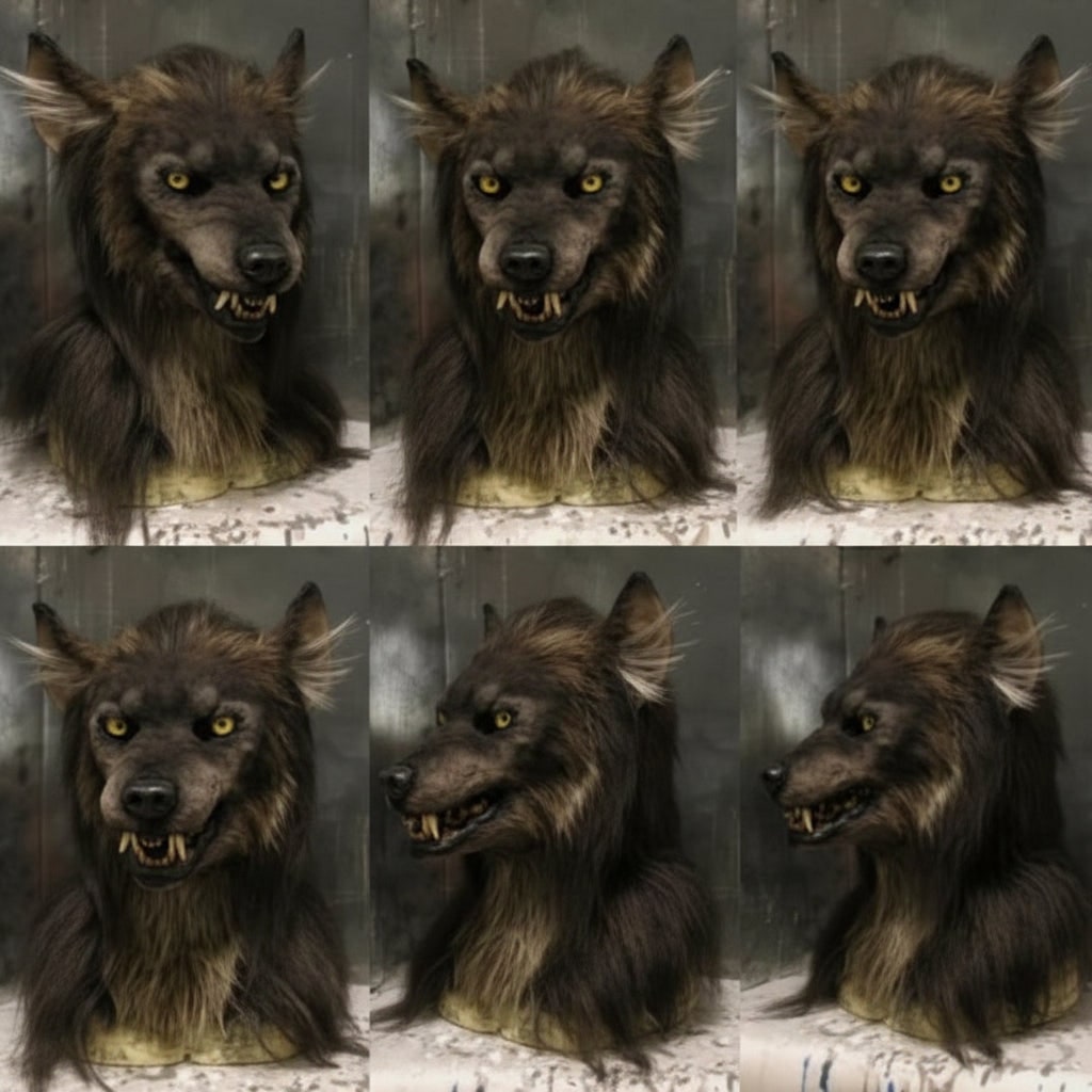 Wolf Halloween Mask Realistic, Werewolf Mask Full Face with Fur Texture Snout and Fangs, Scary Mask for Adults