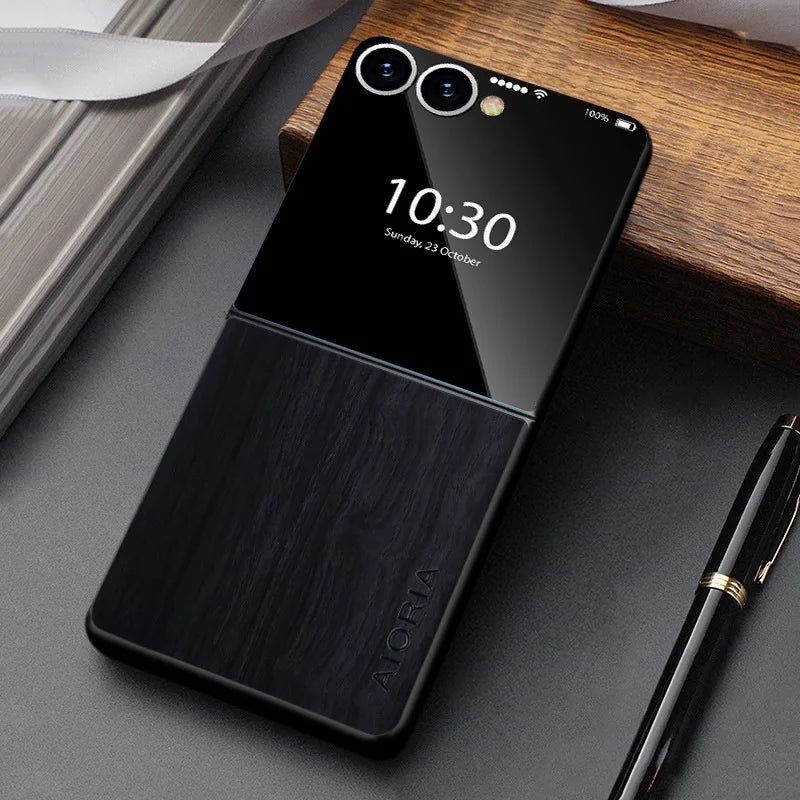 Foldable Phone Case Wood Grain Texture for Samsung Galaxy Z Flip 3 4 5 6 7 8 FE Shockproof PU Cover Anti-Fingerprint