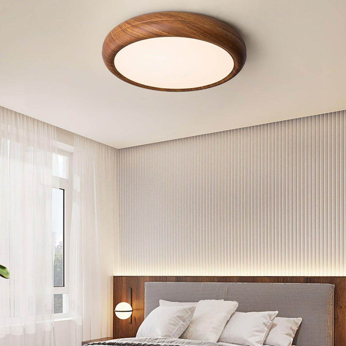 LED Flush Mount Ceiling Fixture 20 in Walnut Finish for Bedroom Living Room Kitchen Low Profile Integrated Light Acrylic Diffuser Modern Min