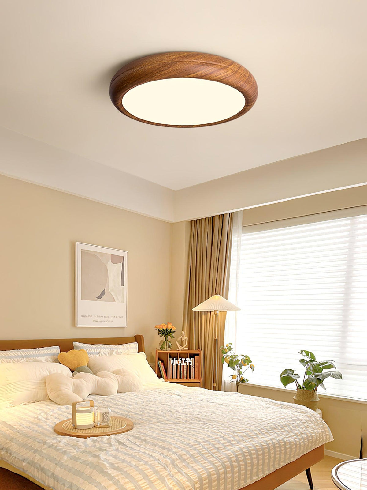 LED Flush Mount Ceiling Fixture 20 in Walnut Finish for Bedroom Living Room Kitchen Low Profile Integrated Light Acrylic Diffuser Modern Min