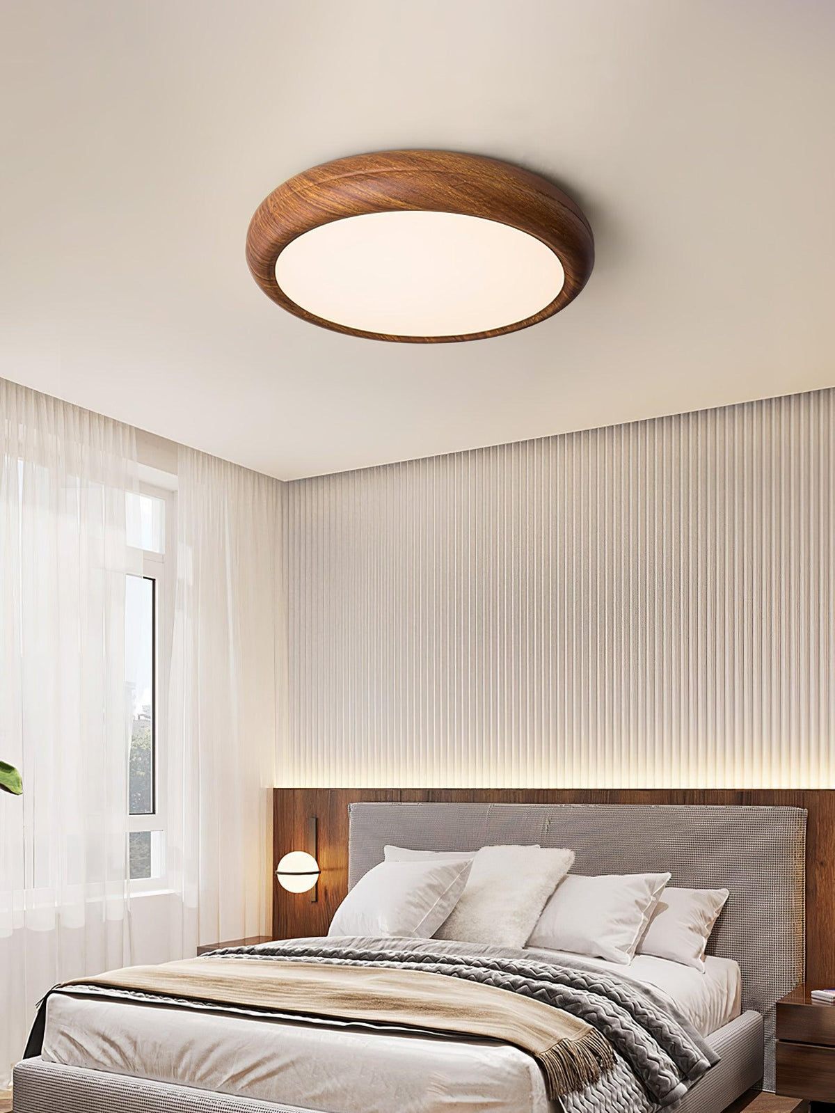 LED Flush Mount Ceiling Fixture 20 in Walnut Finish for Bedroom Living Room Kitchen Low Profile Integrated Light Acrylic Diffuser Modern Min
