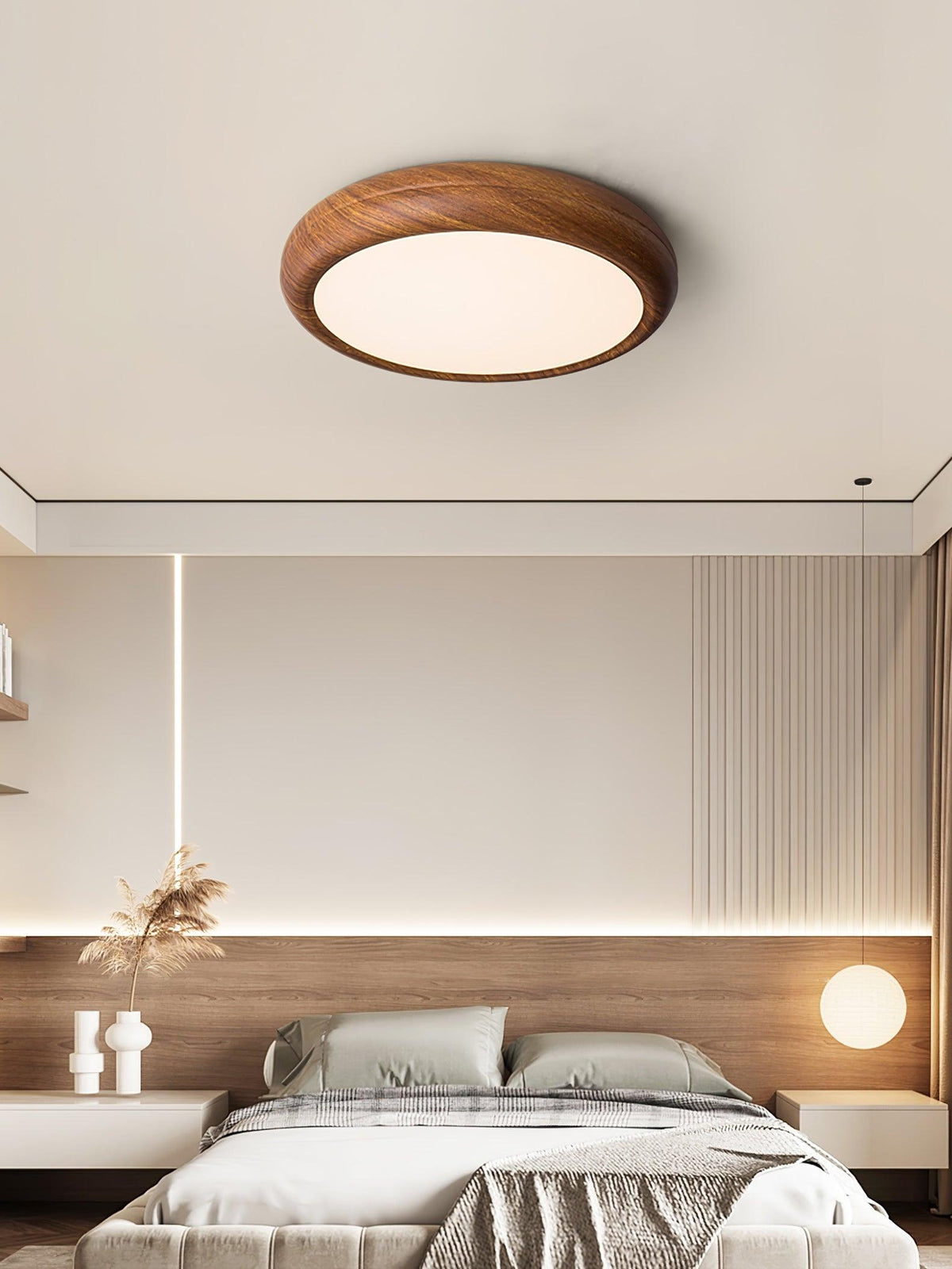 LED Flush Mount Ceiling Fixture 20 in Walnut Finish for Bedroom Living Room Kitchen Low Profile Integrated Light Acrylic Diffuser Modern Min