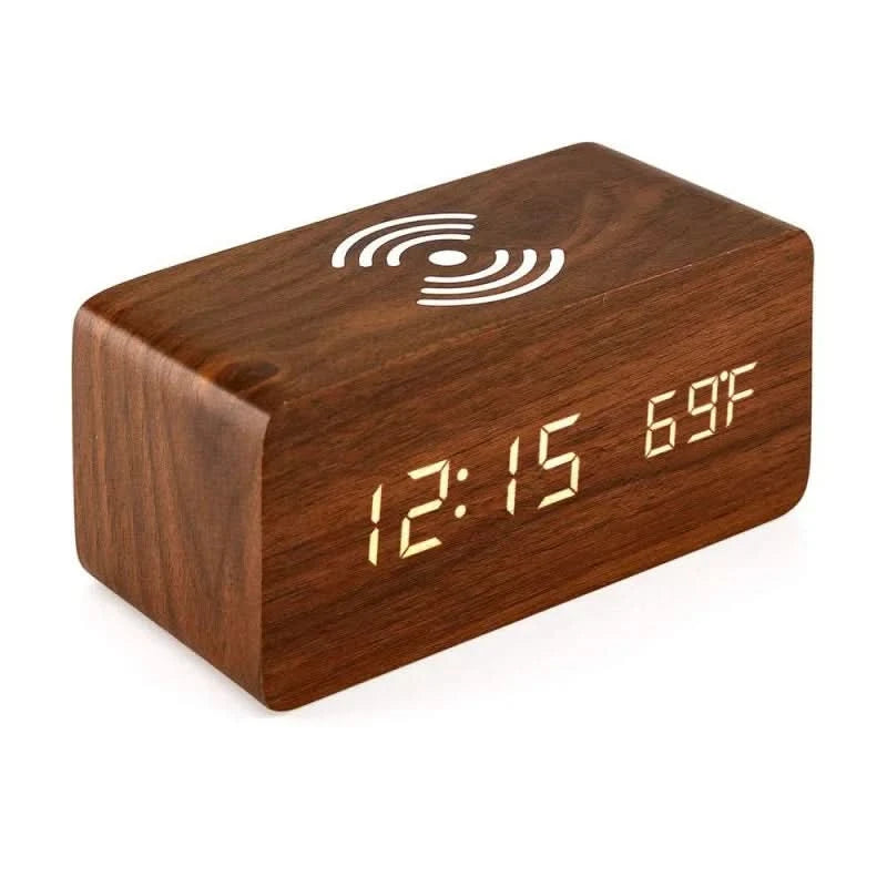 Elegant Wooden Digital Alarm Clock with Wireless Charging & Voice Activation for Effortless Time Management