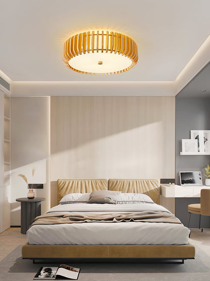 Round Ceiling Light with Wood-Tone Frame and White Diffuser for Dining Room, Living Room, Kitchen, Bedroom | Modern Low-Profile Fixture for