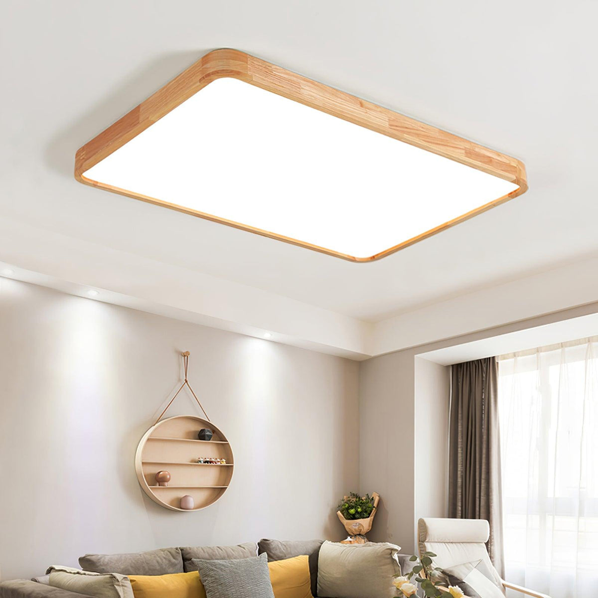 LED Flush Mount Ceiling Light with Rubberwood Frame & Dimmable Acrylic Panel for Bedroom Living Room Dining Room Kitchen Hallway Modern Mini