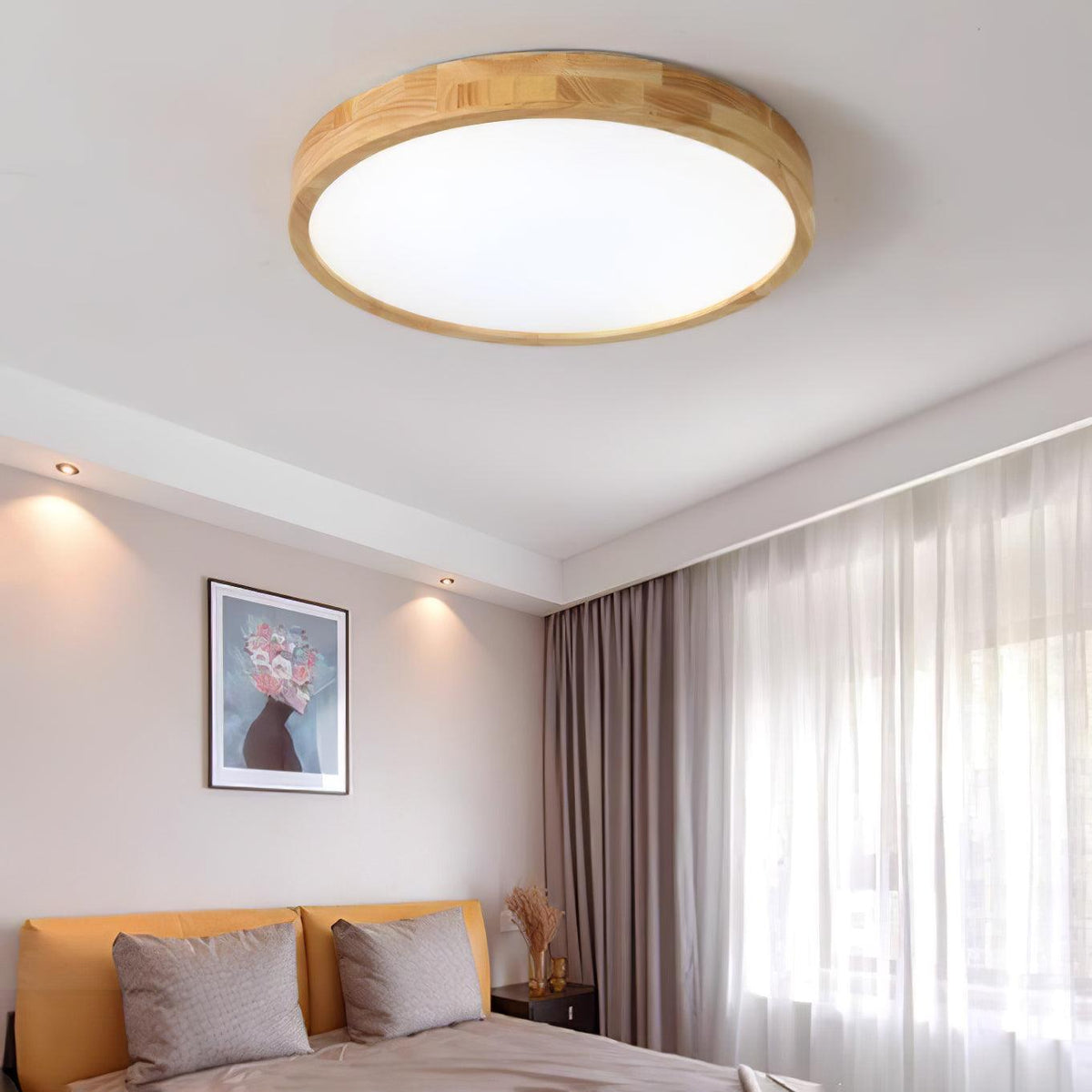 LED Flush Mount Ceiling Light with Rubberwood Frame & Dimmable Acrylic Panel for Bedroom Living Room Dining Room Kitchen Hallway Modern Mini