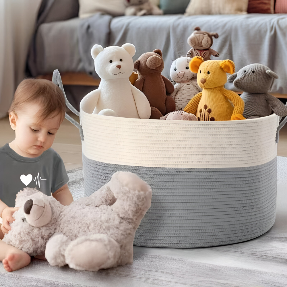 Oversized Woven Storage Basket for Laundry Toys Blankets Round Polyester Organizer with Handles 20x13 inches Brown Gray Two-Tone Home Bedroo