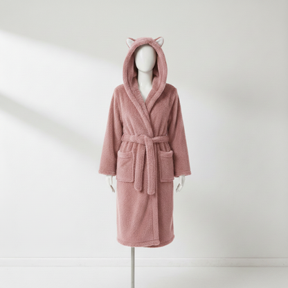 Wynora Women's Robe with Animal Ears - Plush Polyester Fleece, Cozy Fit