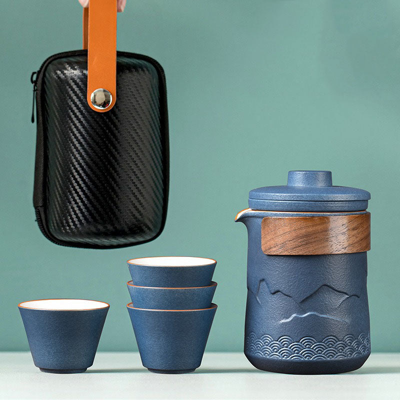 Portable Ceramic Teapot Set with 4 Cups and Travel Case for Gongfu Brewing Office Camping Outdoor Tea Ceremony Black 12 fl oz Pot