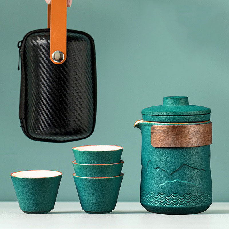 Portable Ceramic Teapot Set with 4 Cups and Travel Case for Gongfu Brewing Office Camping Outdoor Tea Ceremony Black 12 fl oz Pot