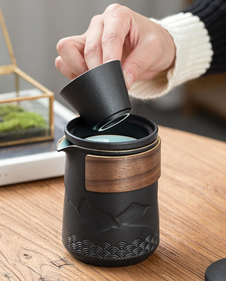 Portable Ceramic Teapot Set with 4 Cups and Travel Case for Gongfu Brewing Office Camping Outdoor Tea Ceremony Black 12 fl oz Pot