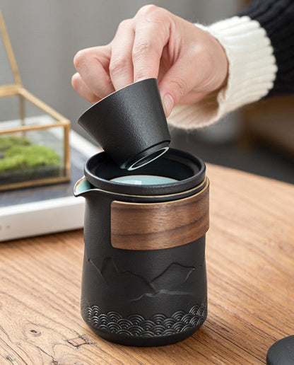 Portable Ceramic Teapot Set with 4 Cups and Travel Case for Gongfu Brewing Office Camping Outdoor Tea Ceremony Black 12 fl oz Pot