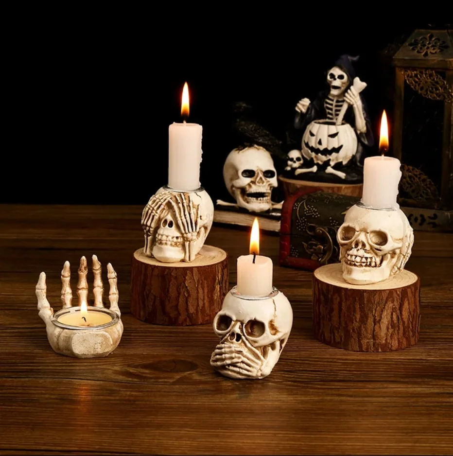 Sable Skullight Candlestick Holders - Resin, Gothic 4-Piece Set