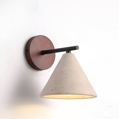 Cone-Shaped Stone Wall Sconce with Wood Base for Bedrooms, Hallways & Entryways – Ambient Downlight Fixture, E26 Socket, Warm Natural Textur