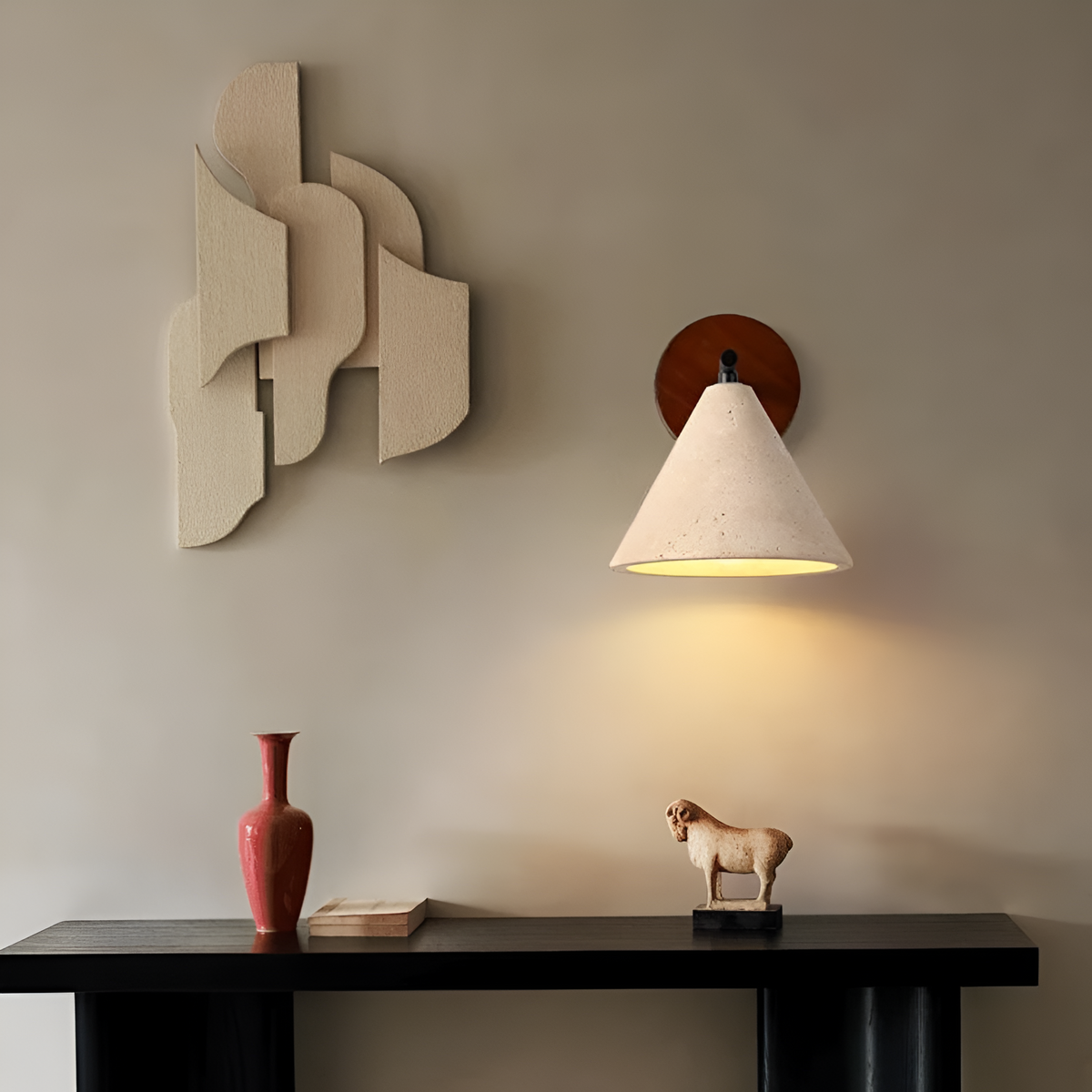 Cone-Shaped Stone Wall Sconce with Wood Base for Bedrooms, Hallways & Entryways – Ambient Downlight Fixture, E26 Socket, Warm Natural Textur