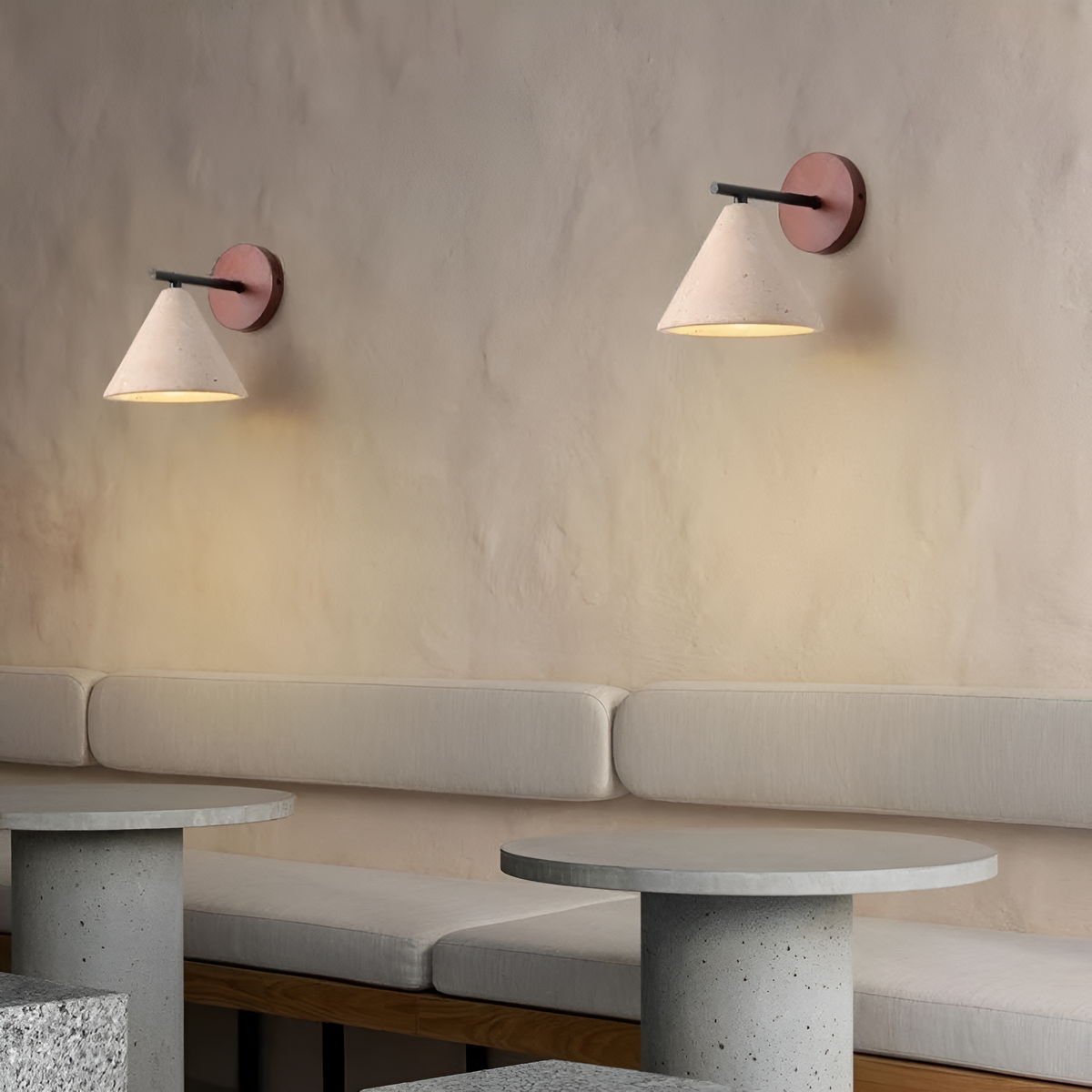 Cone-Shaped Stone Wall Sconce with Wood Base for Bedrooms, Hallways & Entryways – Ambient Downlight Fixture, E26 Socket, Warm Natural Textur