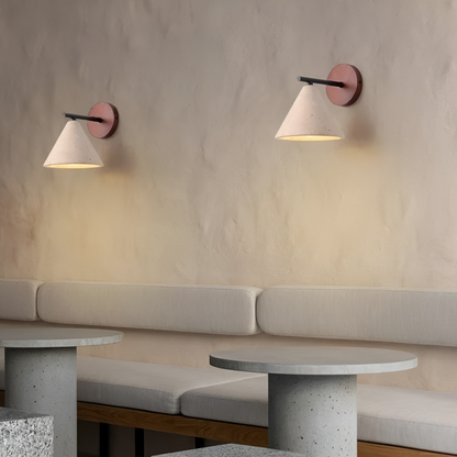 Cone-Shaped Stone Wall Sconce with Wood Base for Bedrooms, Hallways & Entryways – Ambient Downlight Fixture, E26 Socket, Warm Natural Textur