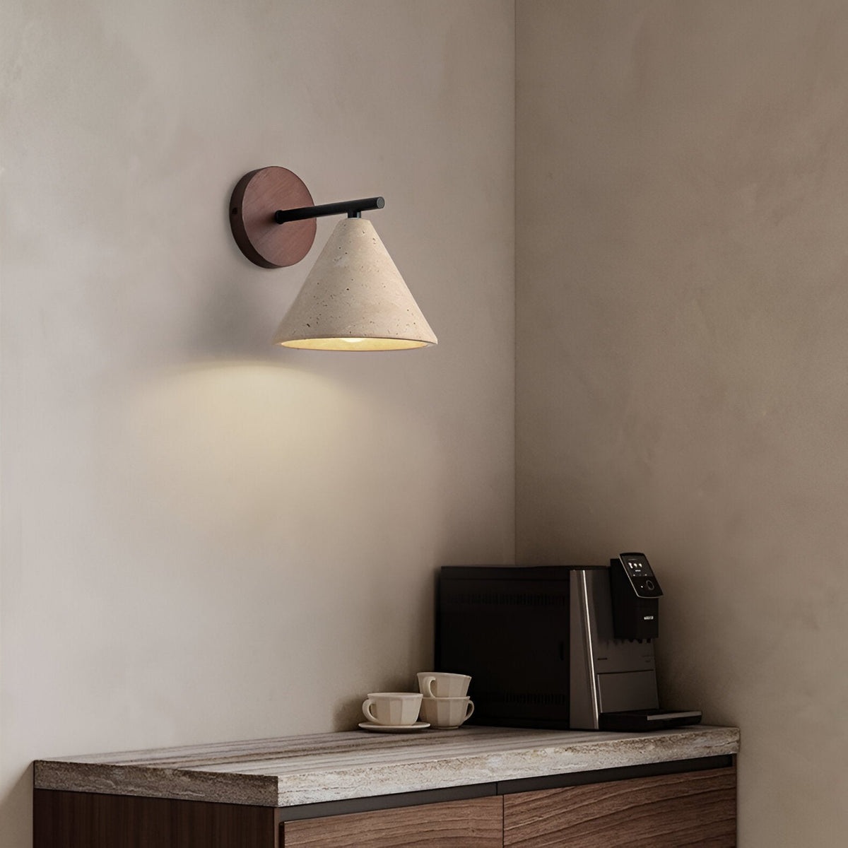 Cone-Shaped Stone Wall Sconce with Wood Base for Bedrooms, Hallways & Entryways – Ambient Downlight Fixture, E26 Socket, Warm Natural Textur